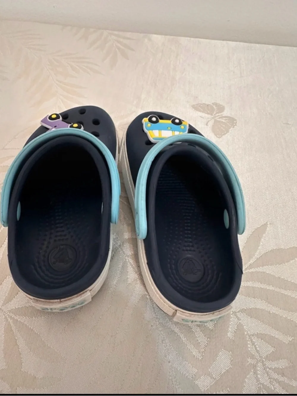 CROCS Navy Clogs with Light Blue Heel Straps and Car Charms
